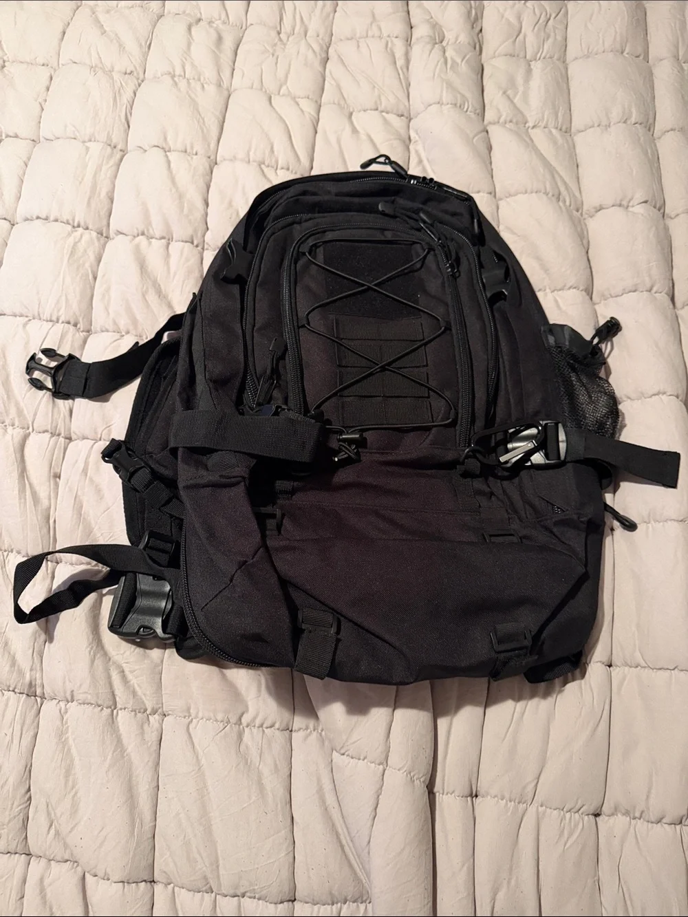 Men's Black Utility Backpack with External Bungee and Multiple Compartments